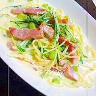 簡単★ベーコンと水菜のクリームパスタ